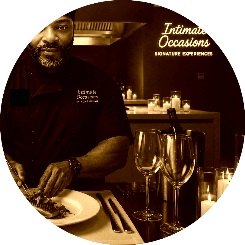 Professional chef plating food in a warm, candlelit setting for an intimate, upscale dining experience.