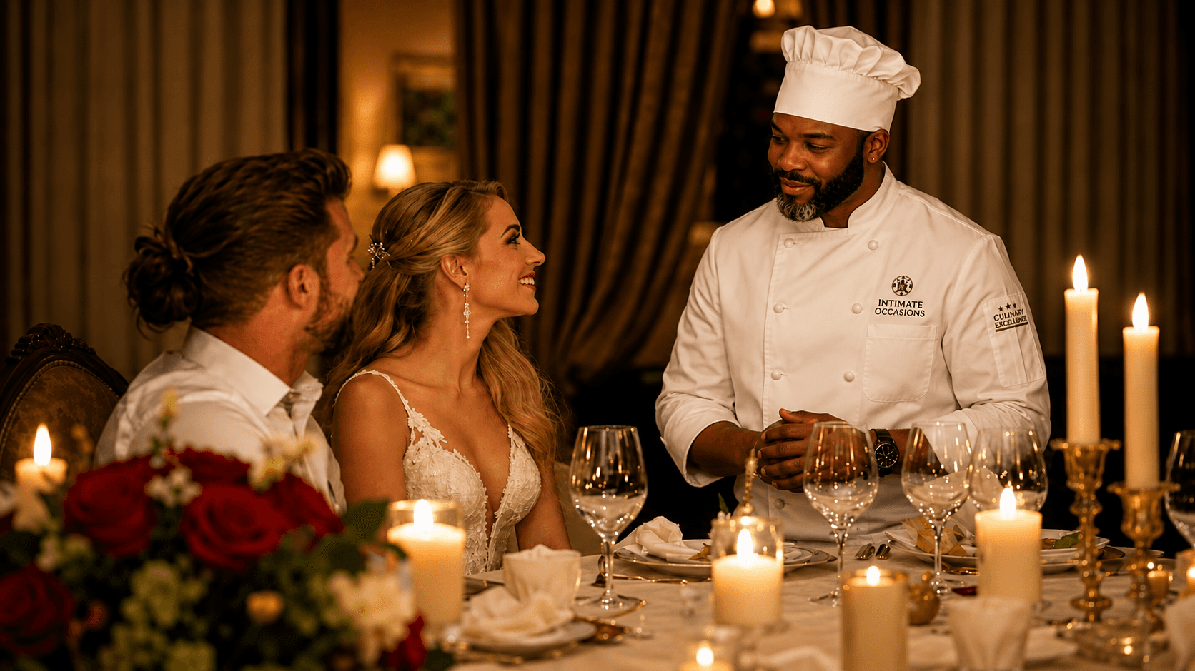 Chef in white uniform speaks to a couple at a romantic candlelit dinner table.