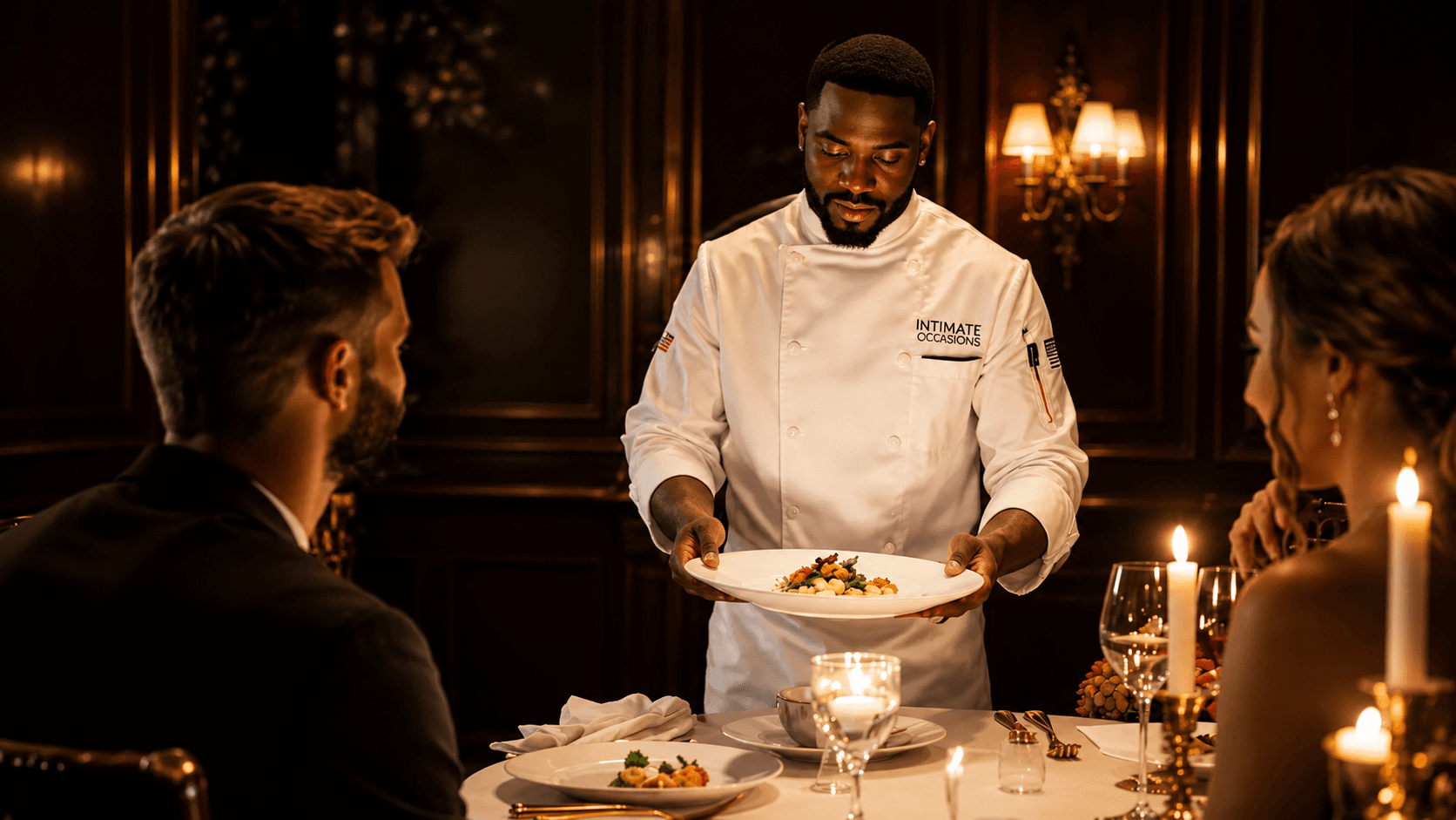 Professional chef serving a gourmet dish to a couple at a romantic candlelit dinner table.